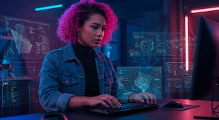 Profissionais trabalhando em escritório virtual do metaverso com avatares e tecnologia de realidade virtual representando novas oportunidades de emprego