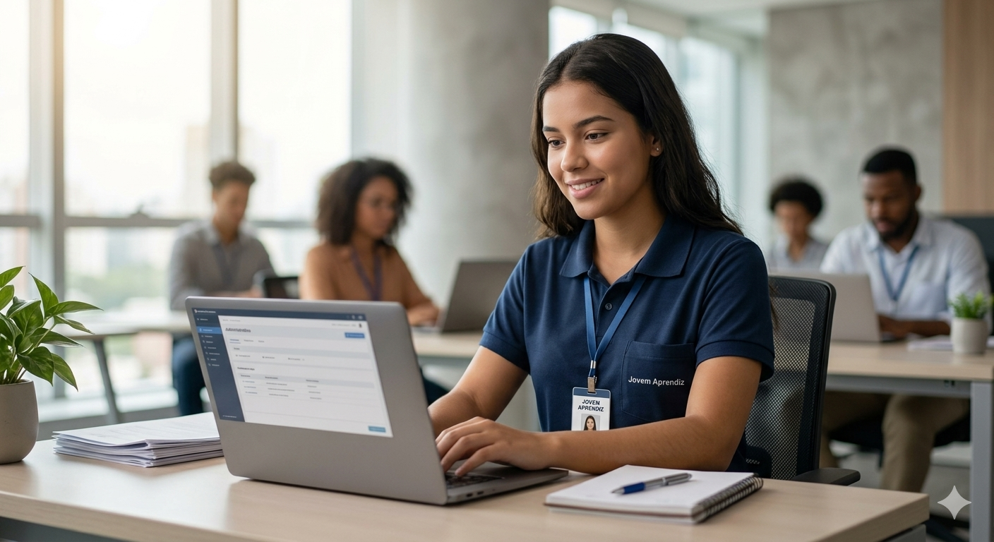 Jovem sorridente trabalhando no computador como Jovem Aprendiz em um escritório moderno.